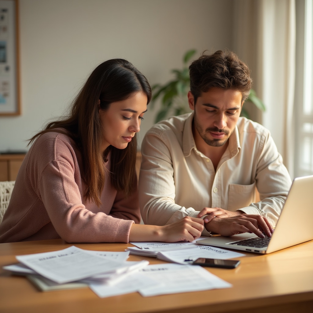 Paraguayan couple reviewing household finances together with documents and laptop