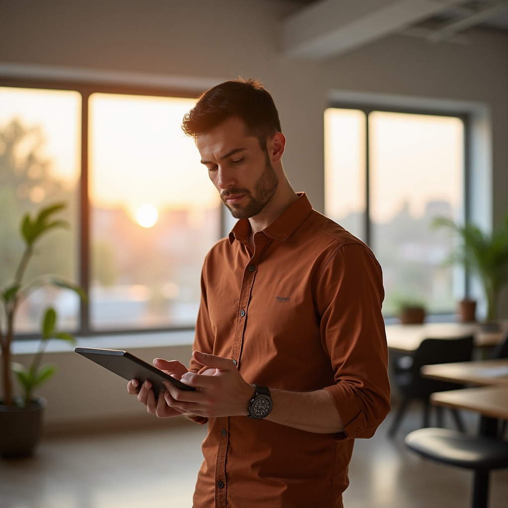 Carlos Benítez, financial educator reviewing materials in bright workspace